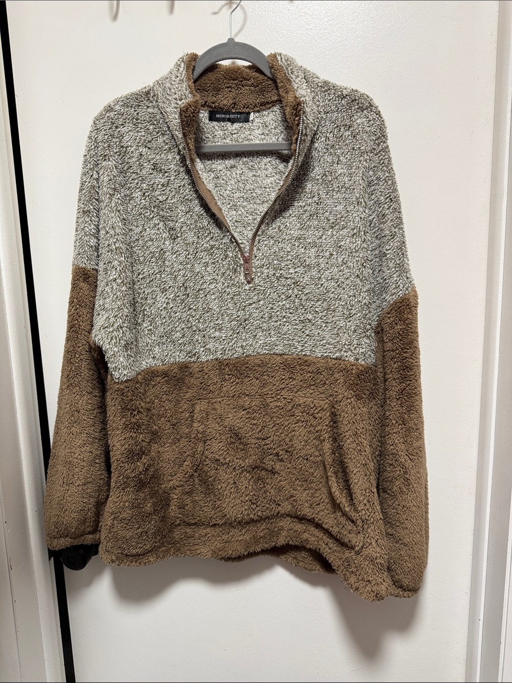 Plush Two-Tone Half-Zip Sherpa Pullover - Brown/Cream